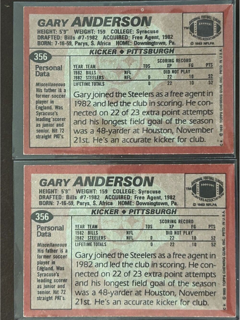 NFL ALL PRO KICKER GARY ANDERSON 2 1983 TOPPS #356 ROOKIE CARDS NM - Picture 2 of 2